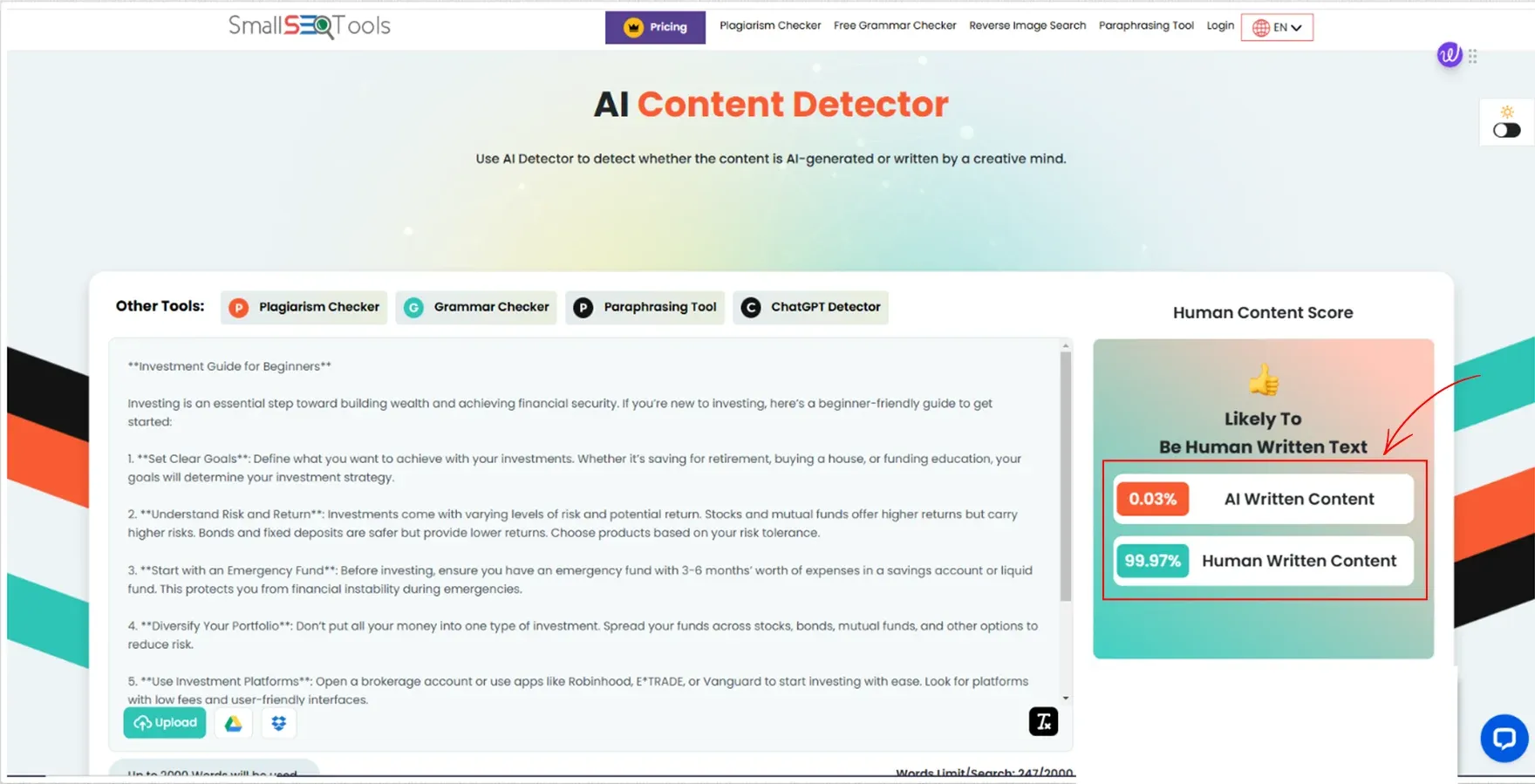 Also this same ChatGPT Content check in SmallSEOTool AI detector tool (2).webp