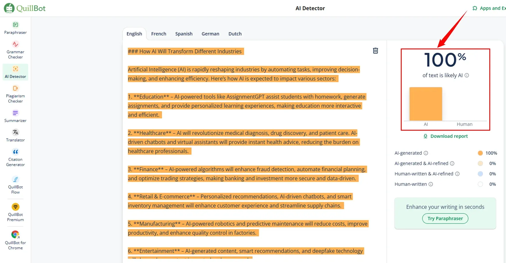 Quillbot AI Detector for analysing whether the content was AI-generated.webp