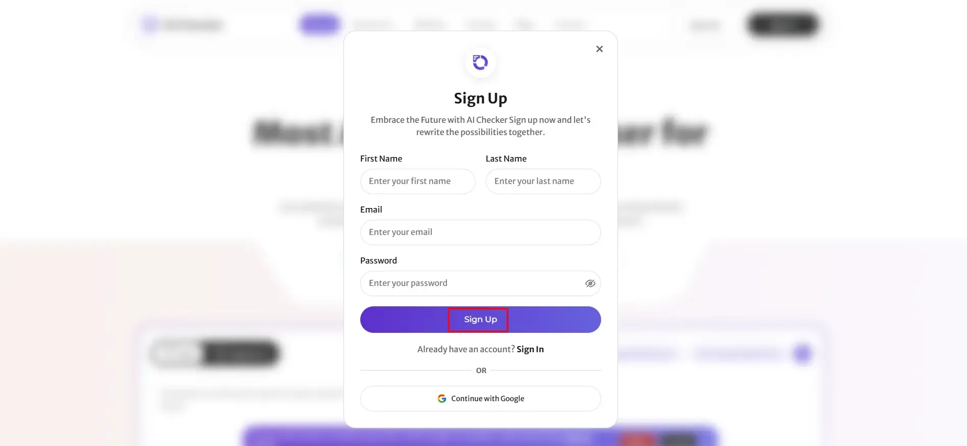 sign up AI checker pro